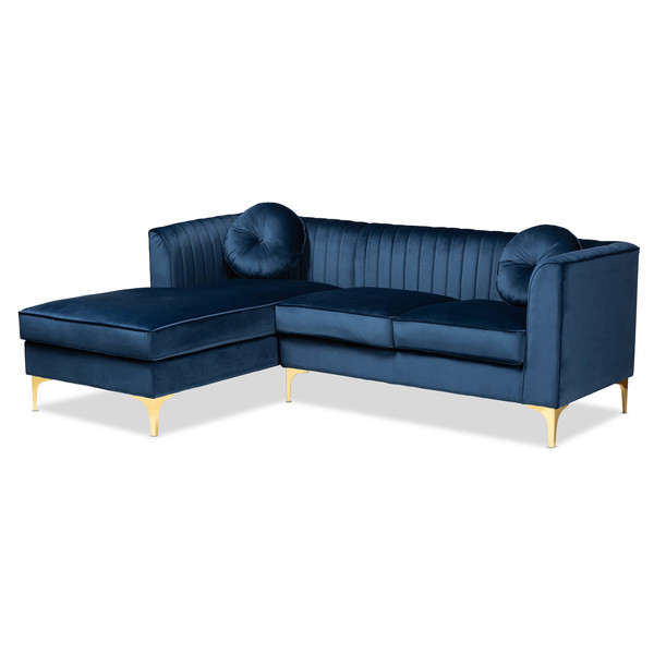 Baxton Studio Giselle Blue Velvet Gold Finished Left Facing Sectional with Chaise 159-9869